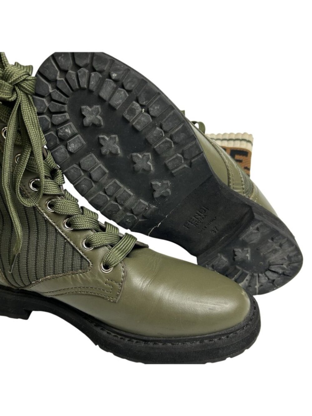 Fendi Rockoko Combat Green Leather Knit Boots Womens EU 37/US 7 Made In Italy - Picture 8 of 13